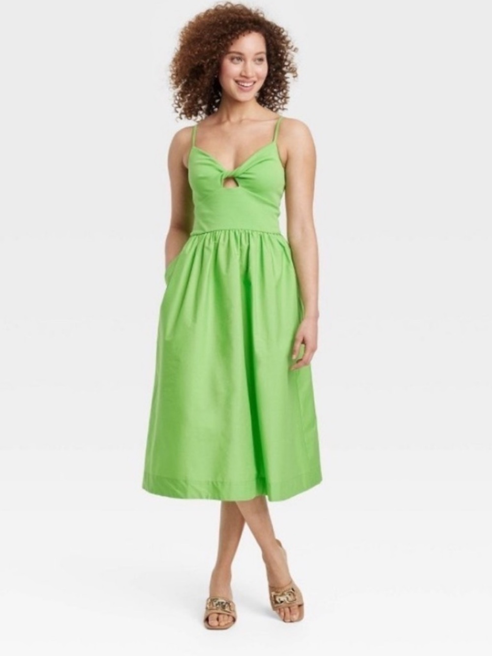 Green Twist-Front Ballet Midi Dress with Pockets Size XS A New Day 100% Cotton